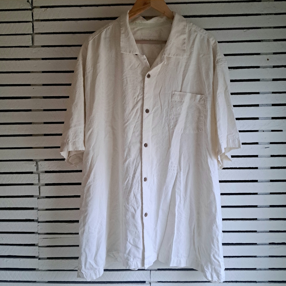 Tommy Bahama Silk Camp Shirt Short Sleeve Jacquard Palm Leaf Print Cream 3XL
